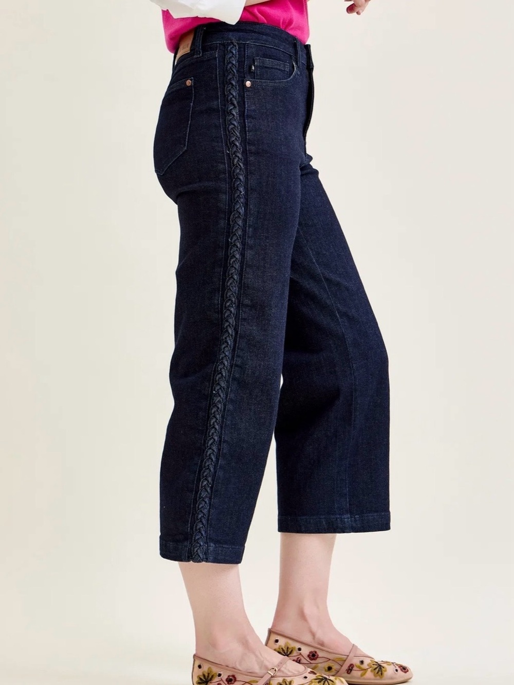 Judy Blue Dark Wash Braided Side Seam High Waist Crop Wide Leg Denim - Picture 1 of 8